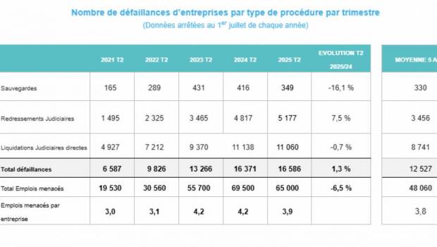 16 600 défaillances d’entreprises au T2 2025 soit une hausse de +1,3 %