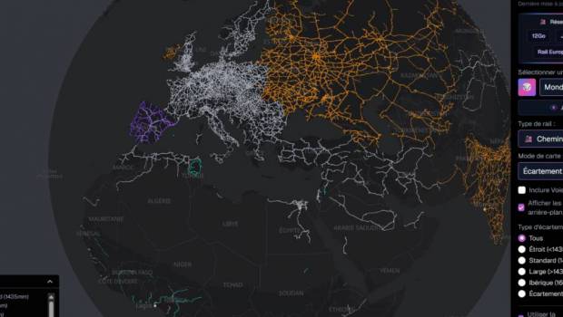Tous les écartements de rails sur cette carte du monde en 3D